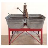 Two Galvanized wash tubs on stand & wringer
