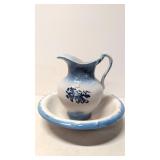 Antique Blue & White Stoneware Bowl & Pitcher