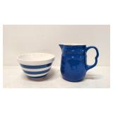 Vintage Blue Stoneware Pitcher & Blue Ring bowl