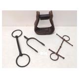Antique Leather Stirrup, Steel Spur & 2 bits