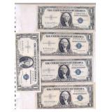 (5) 1935 G Silver Certificates Blue Notes - $1.00