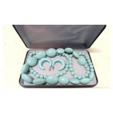 Vintage 36' long pale blue plastic necklace & eari