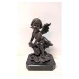 Signed Bronze Cherub Mounted on marble base