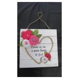 White Wooden sign with pink and white Felt Flowers