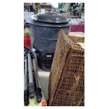 Basket and two large enamelware pots
