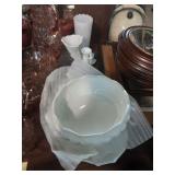 Milk glass bowls and vases