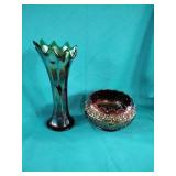 Carnival glass  vase and bowl