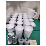 Milk glass cups , goblets, pitcher and more