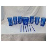 Blue glass sailboat glasses and bowl