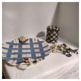 Teapot spoons and tin rose platter dish