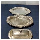 Silverplated serving platters and butter dish Silverplated serving platters and butter dish