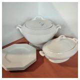 Solid white serving dishes and 3 plates Solid white serving dishes and 3 plates