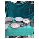 Miscellaneous cooking pans strainers etc