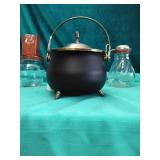 1 Black Cauldron, 2 antique Coffee Grinders