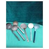 5 Large Metal Ladels, one Metal strainer
