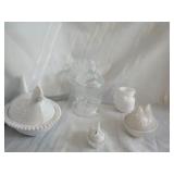 Three glass chickens and one turkey