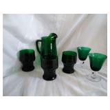 Emerald Glass, pitcher and cups