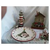 Christmas items, plate, clock and lighthouse