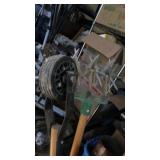 Lot of Assorted Yard Tools in a 55-Gallon Waste Ca