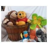 Vintage bushel basket and stptuffed animals