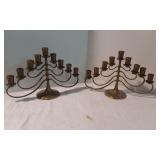Set of Two 9-Light Antique Brass Candelabras