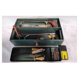 Tool box and wood working tools, Stud finder.