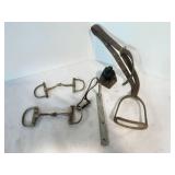 Horse stirrups, cow bell, (2) horse bit Mouthpiece