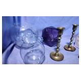 Two brass candle sticks,three candy jars