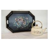 Vintage black Floral tray and Tea Rose Metal