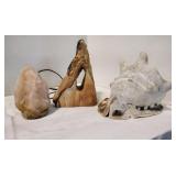 Salt lamp, horned helmet Sea Shell, & a rock.