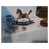 Wedgewood, wooden horse and bowl