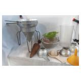 Strainer with Stand,  Pyrex measuring cups