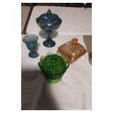 Blue Carnival Glass Goblet and raised Serving dish