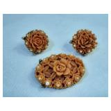 Vintage Pink Celluloid Rose Earrings & Brooch Set