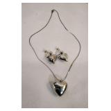 Silver Tone Puff Heart Pendant & Matching Earrings