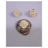 Carved Rose 14k Gold Filled Pin & Earring Set
