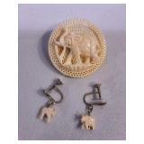 Vintage Carved Elephant Brooch & Earrings
