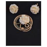 Carved Rose 14k Gold Filled Pin & Earring Set