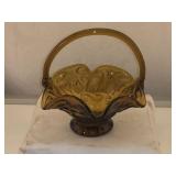 Mid-Century Amber Glass Basket with Ruffled Top