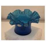 1960ï¿½s Blenko Ruffled Top Blue Crackle Glass Vase