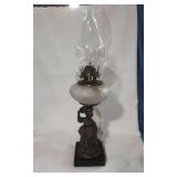 Antique Oil Lamp With Metal Figural Base