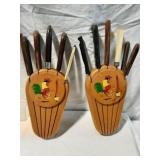 MCM Wooden Rooster Knife Holders with Knives