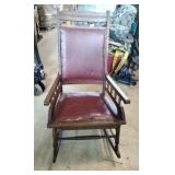Vintage Wooden Rocker with Leather Seat and Back