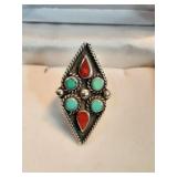 Navajo Sterling Turquoise & Red Coral Ring