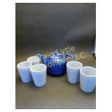 Vintage blue teapot & 5 cups