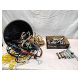 Box of Large Bolts/Nuts & Bucket of straps & Rope