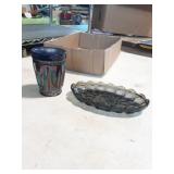 Vtg Blue Carnival Glass Tumbler Cactus Pattern