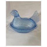 Indiana Glass Hen on Nest Blue Glass