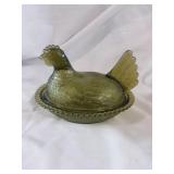 Indiana Glass Hen on Nest Green Glass