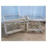 Pair of White Rattan Side Tables w/Glass Top